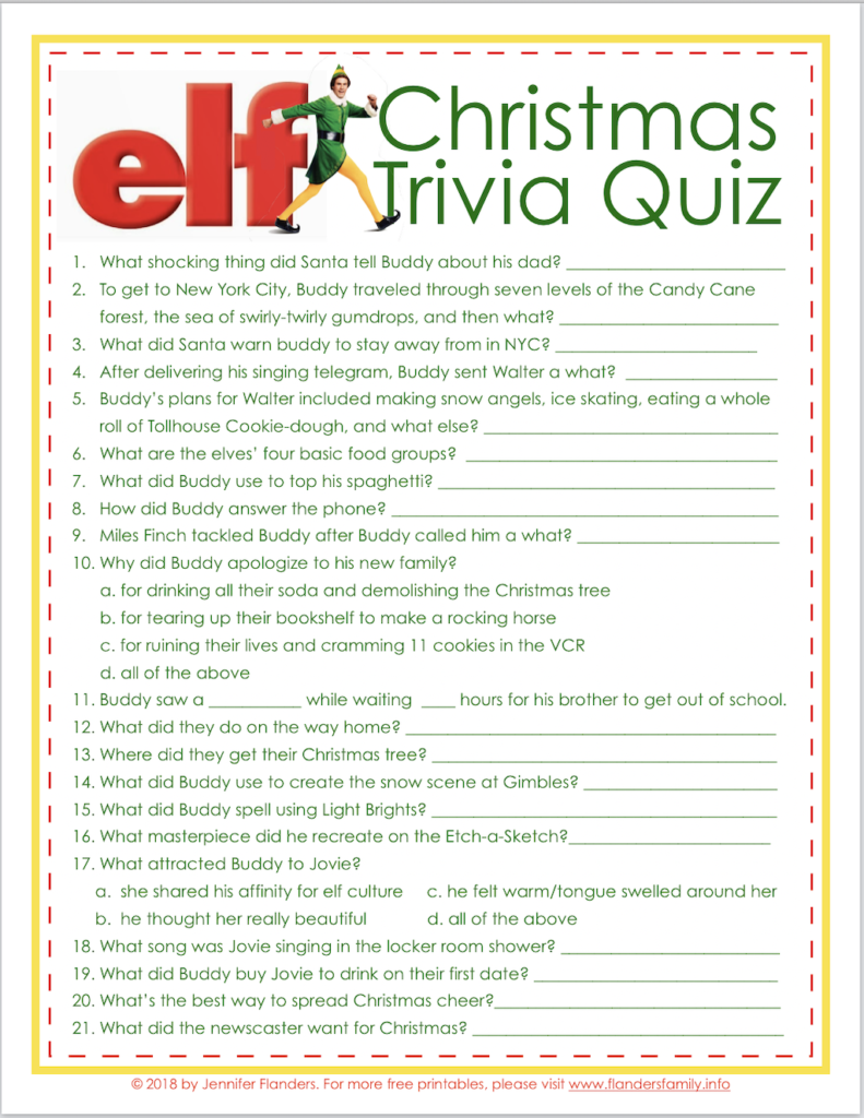 Elf Trivia Christmas Quiz (Free Printable)   Flanders Family