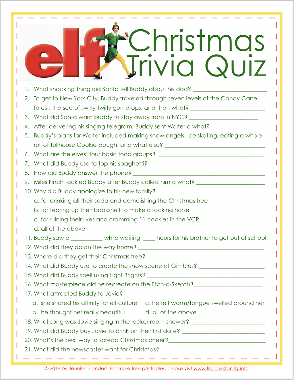 Elf Trivia Christmas Quiz (Free Printable) - Flanders Family