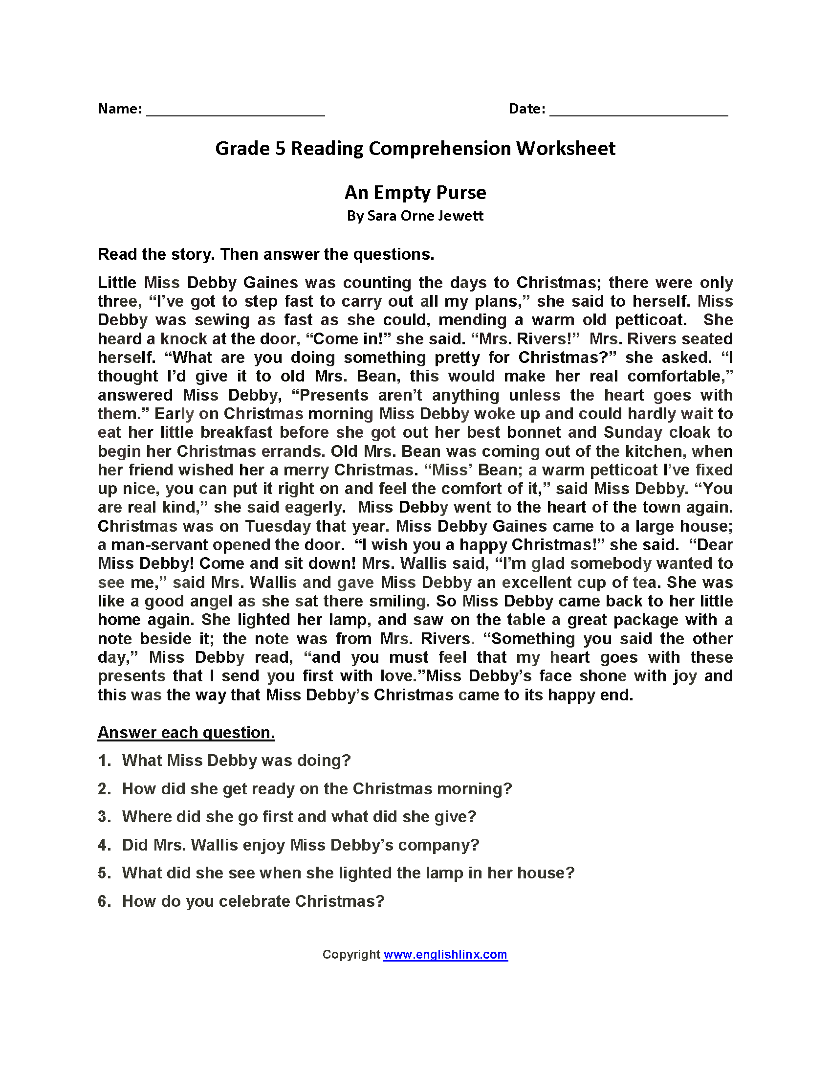 Empty Purse Fifth Grade Reading Worksheets | Reading