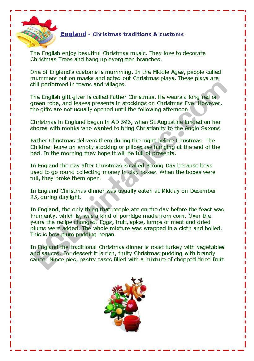 England - Christmas Traditions&amp;amp;customs - Esl Worksheet