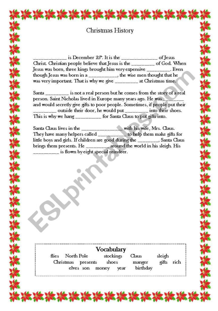 English Worksheets: Christmas Cloze History Worksheet