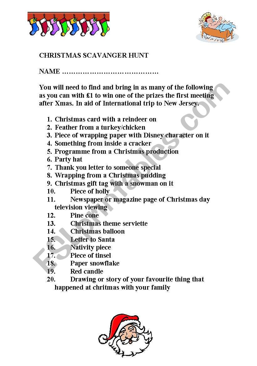 English Worksheets: Christmas Scavenger Hunt