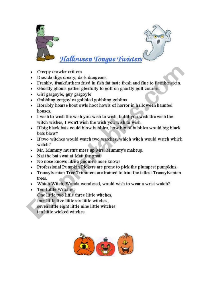 English Worksheets: Halloween Tongue Twisters