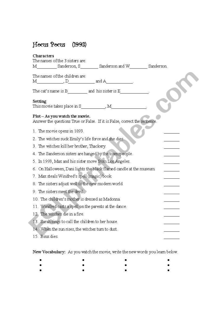 English Worksheets: Hocus Pocus Halloween Movie Worksheet