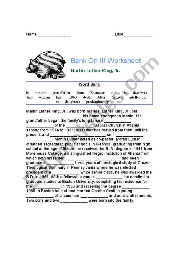 English Worksheets: Mlk Bank On It!