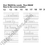 English Worksheets: Numbers 11 20 Trace And Draw