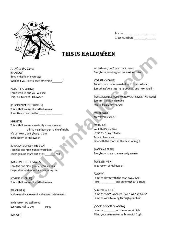 English Worksheets: This Is Halloween Cloze And Matching
