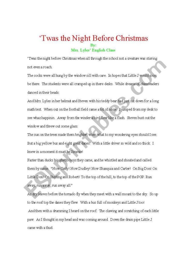 English Worksheets: Twas The Night Before Christmas Rewrite