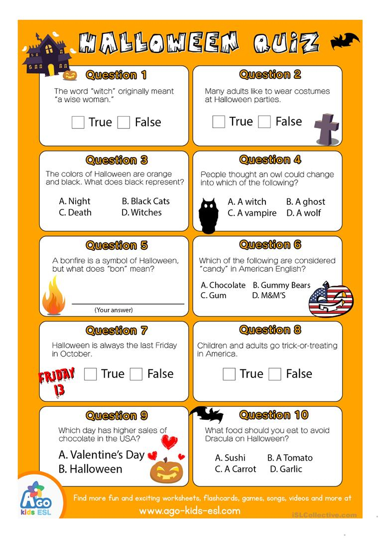 Esl Halloween Quiz Worksheet For English Class - English Esl