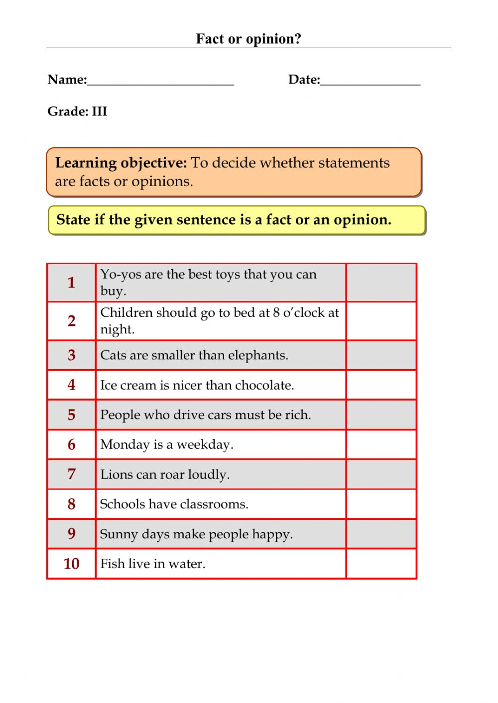 Fact And Opinion Activity
