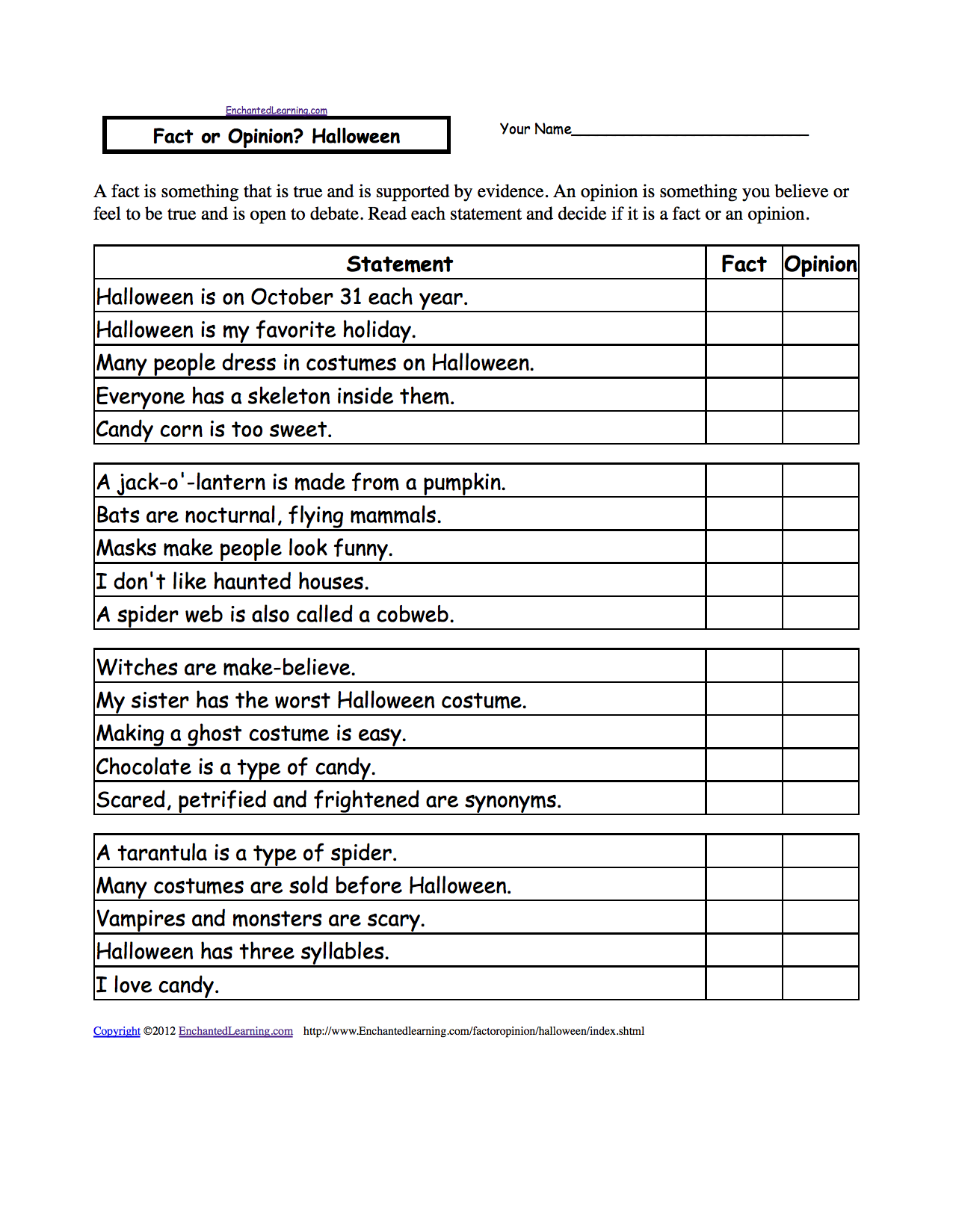 Fact Or Opinion? Halloween, A Worksheet. Enchantedlearning