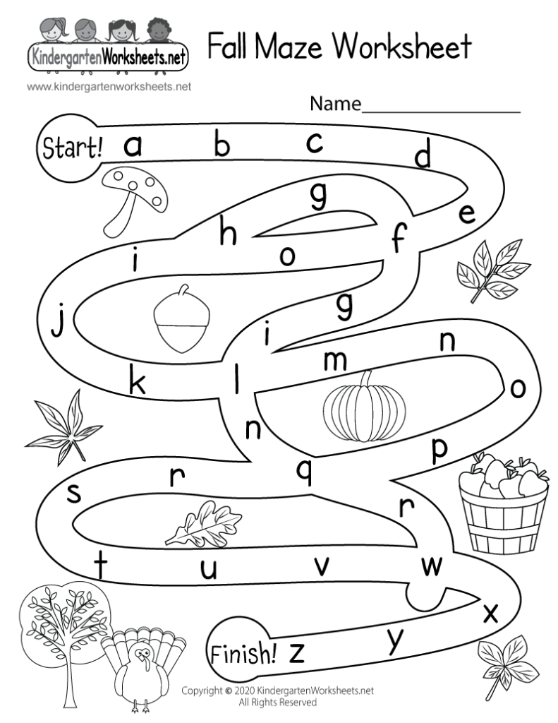 Fall Maze Activity Worksheet For Kindergarten   Free