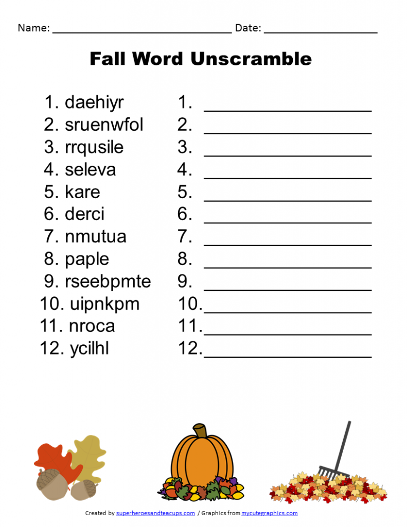 Fall Word Unscramble Free Printable | Superheroes And