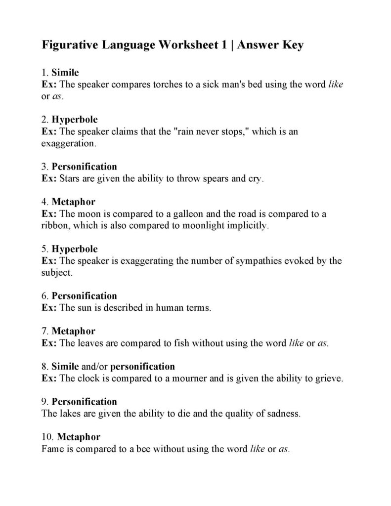 Figurative Language Worksheet Answers Ereading Worksheets
