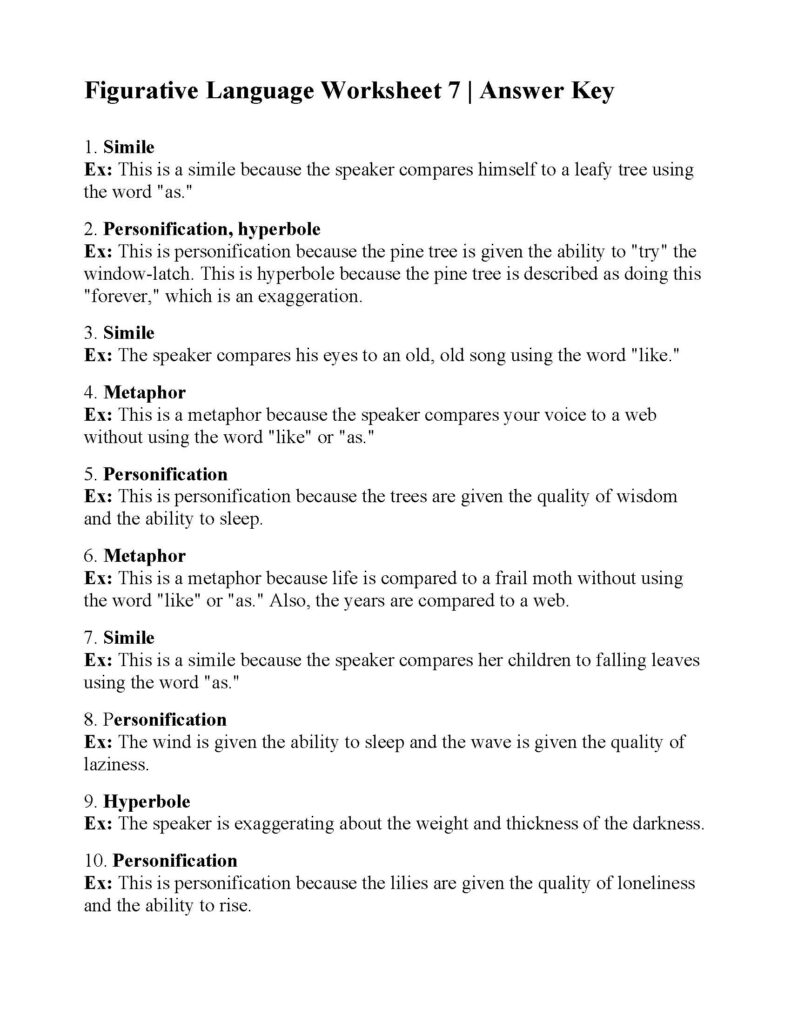 Figurative Language Worksheet Answers Printable Worksheets