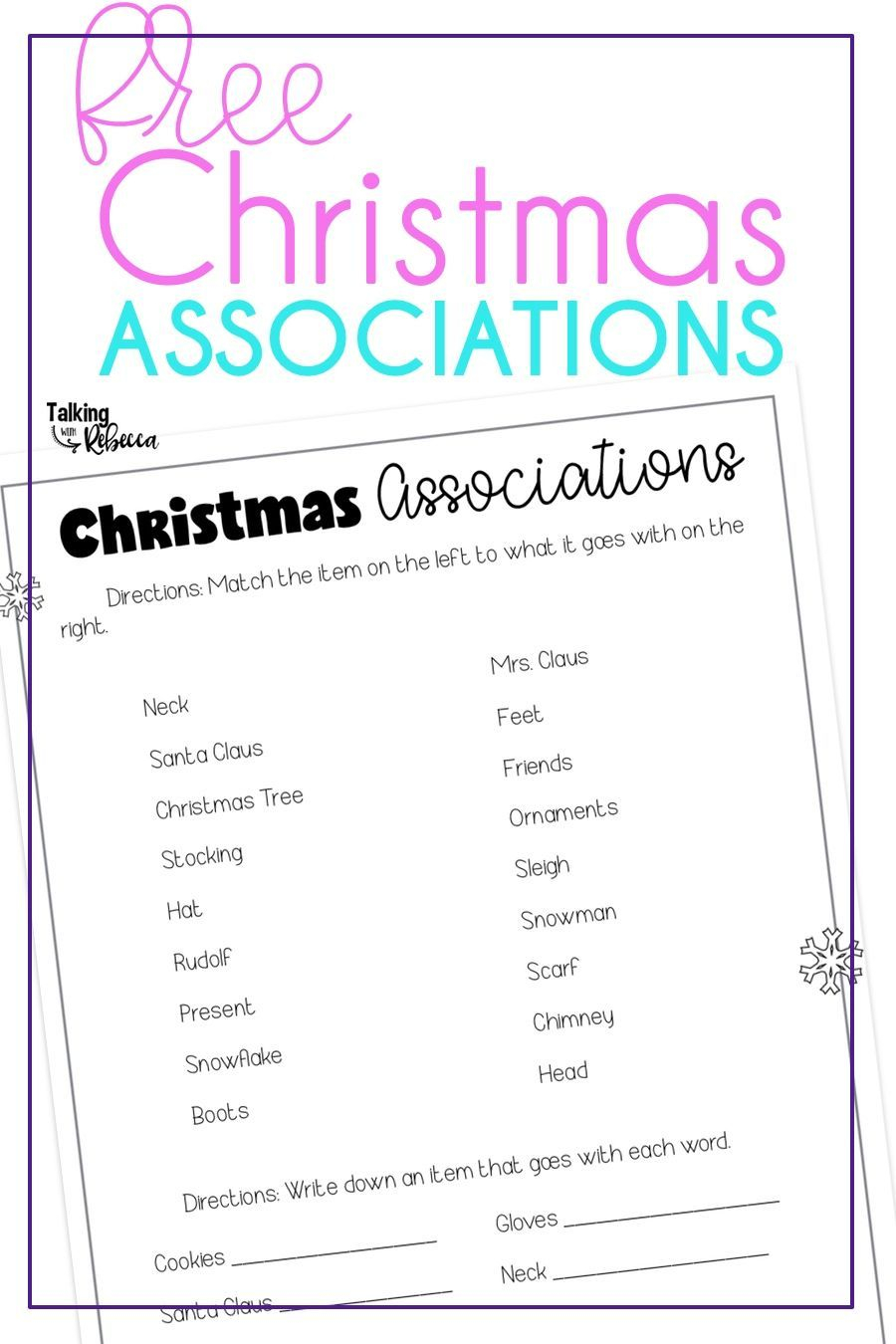 Free Christmas Associations Worksheet | Christmas Speech