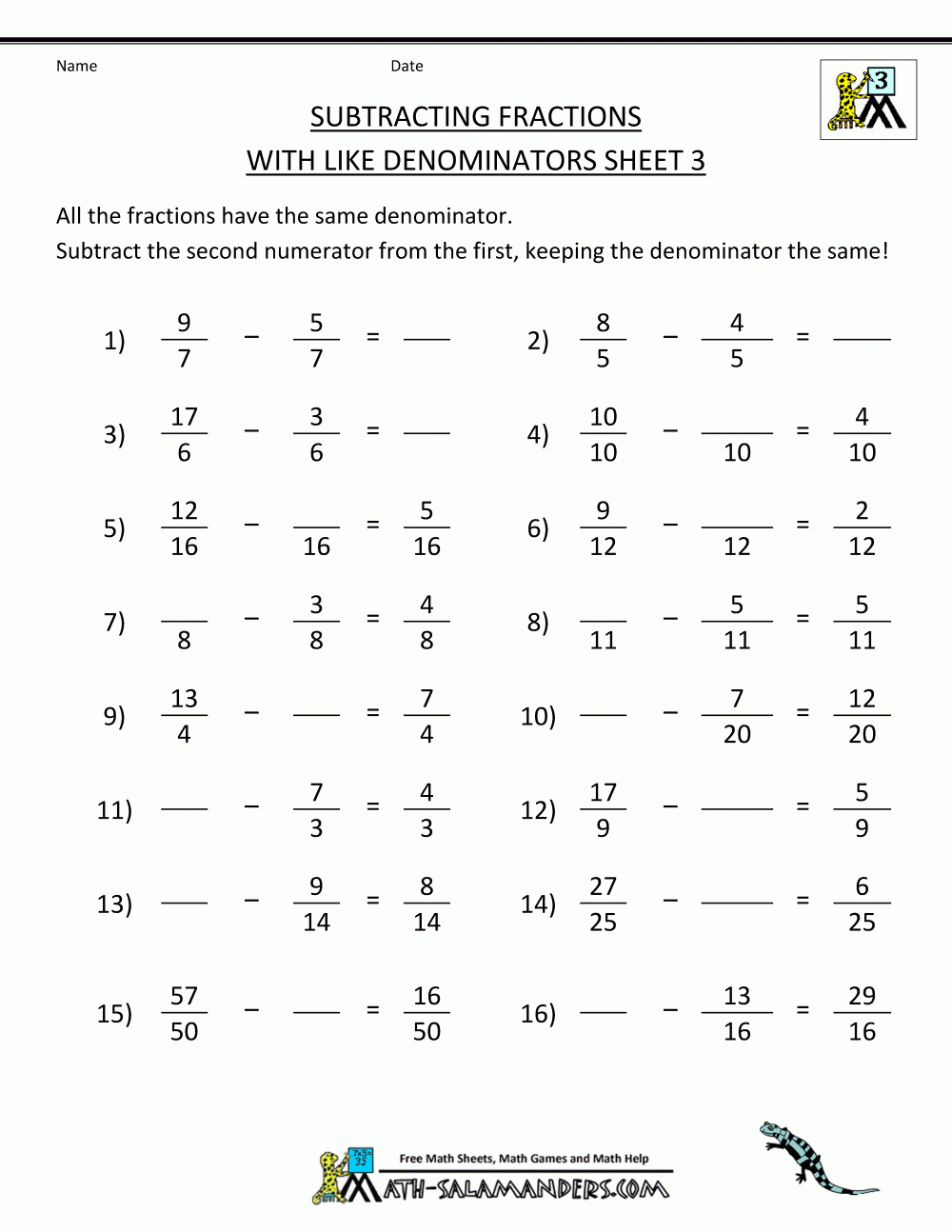 Free Fraction Worksheets Adding Subtracting Fractions
