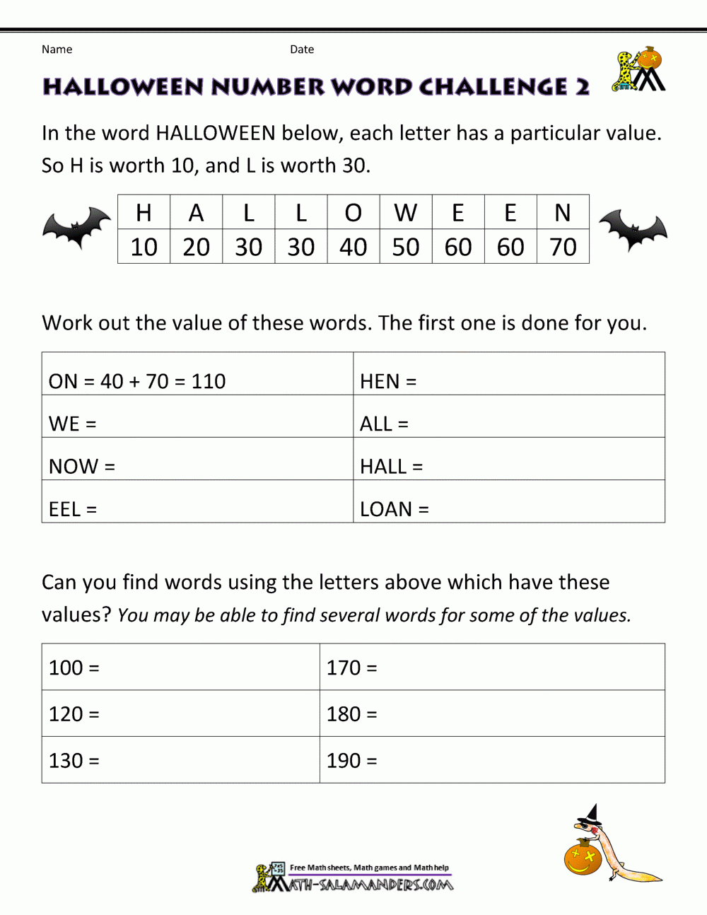 Free Halloween Math Worksheets