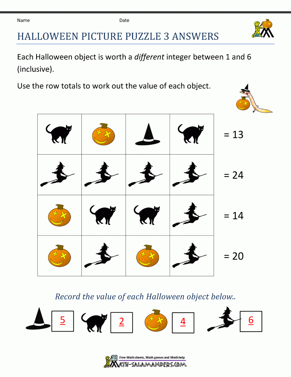 Free Halloween Math Worksheets