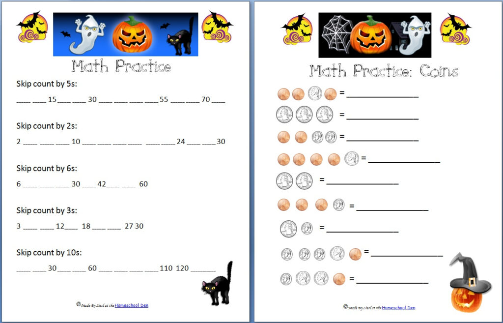 Free Halloween Math Worksheets: Addition, Subtraction, Coins