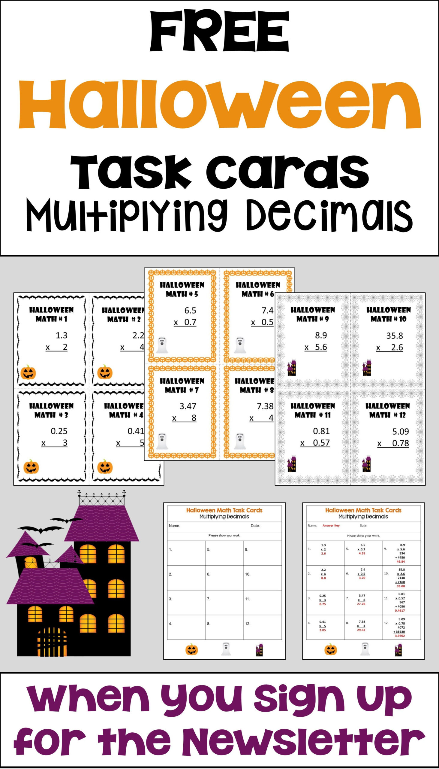 Free Halloween Task Cards For Multiplying Decimals