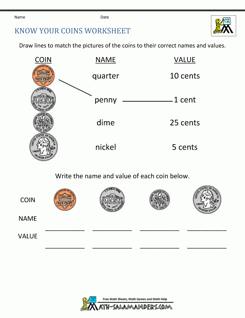 Free Math Money Worksheets 1St Grade