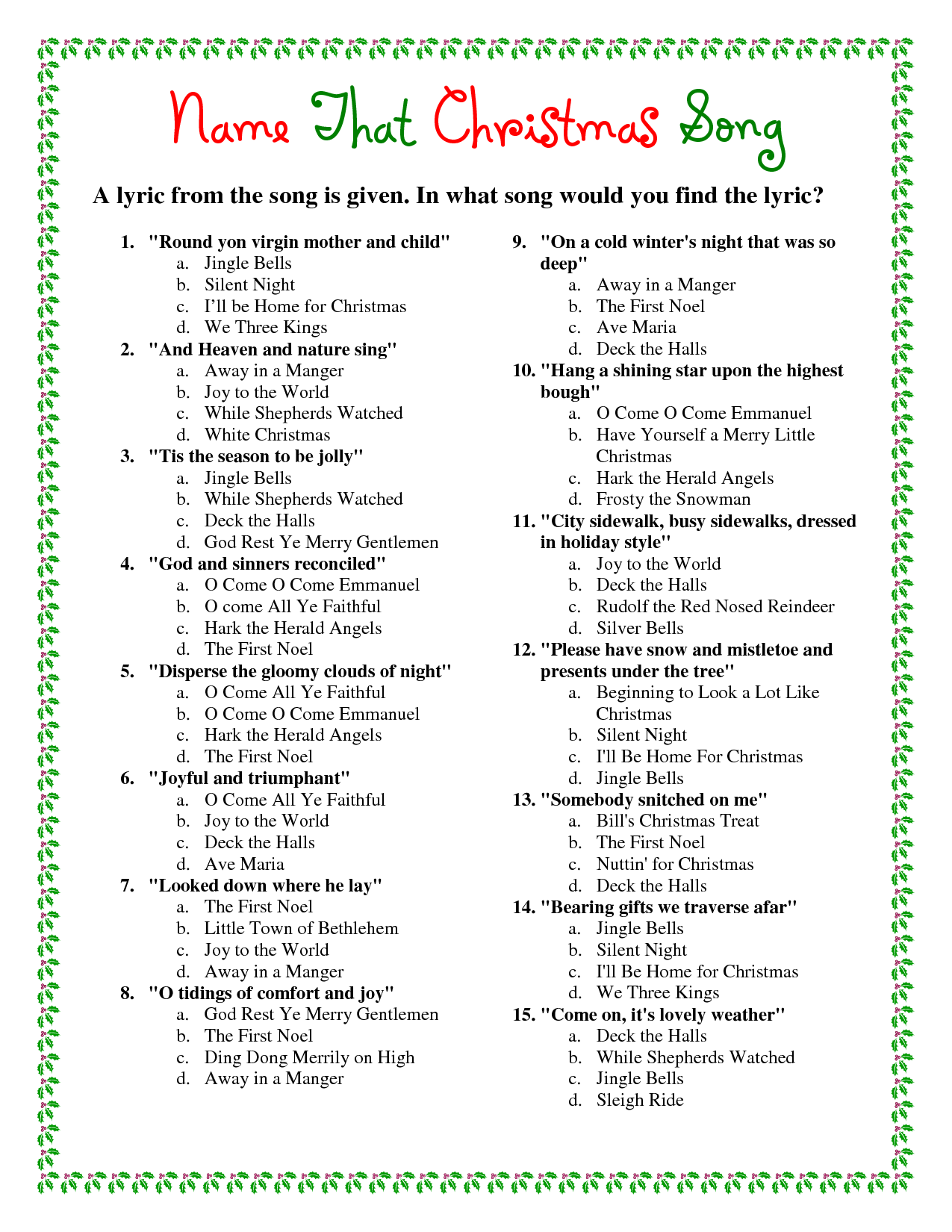 Free Printable Christmas Trivia Game | Christmas Song Trivia