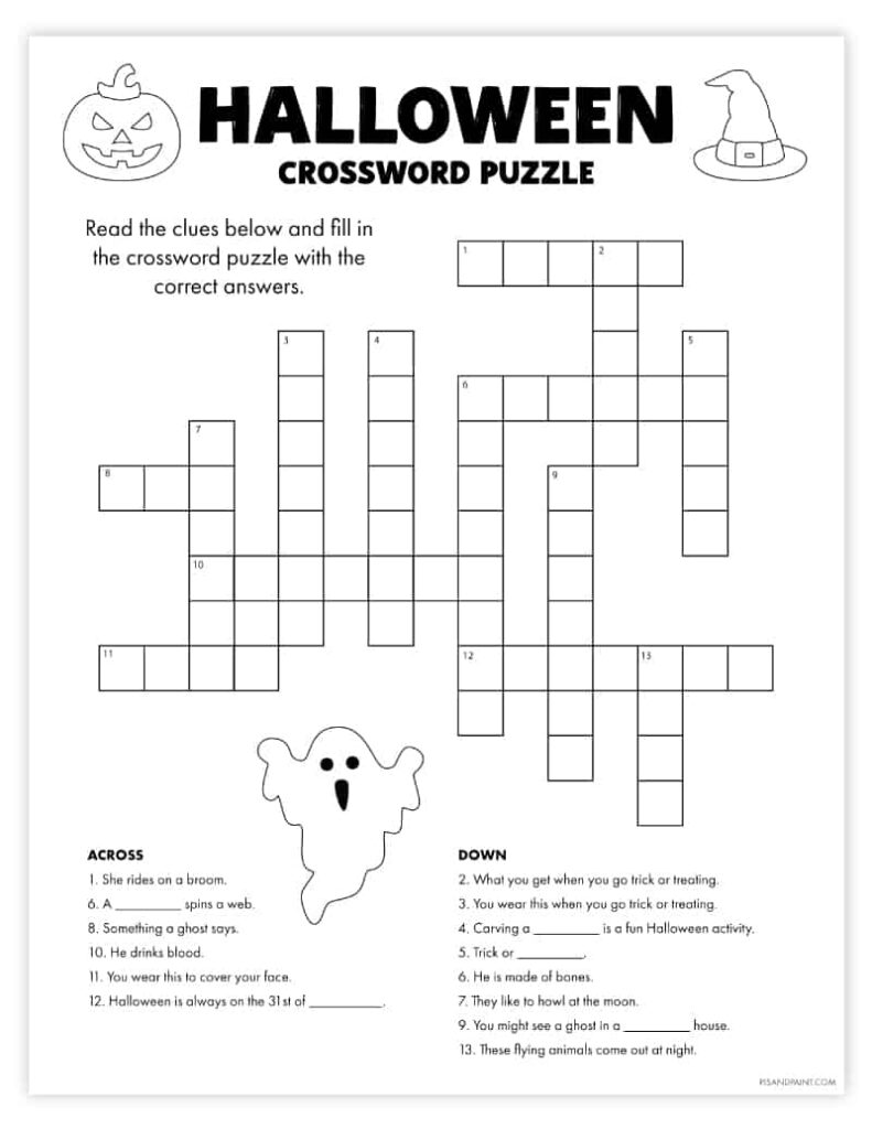 Free Printable Halloween Crossword Puzzle   Pjs And Paint