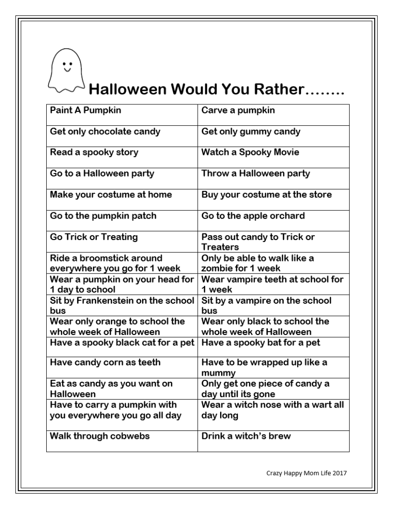 Free Printable Halloween Would You Rather Questions