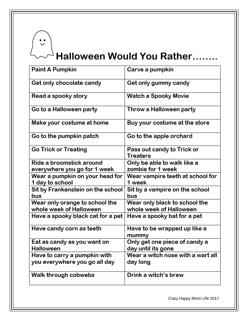 Free Printable-Halloween Would You Rather Questions