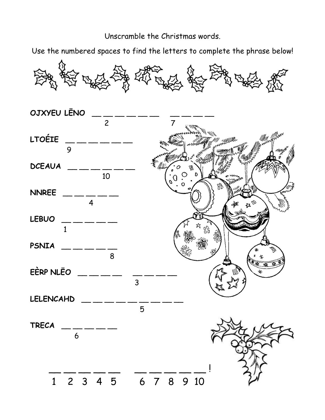 French Christmas Word Scramble; Hidden Message Joyeux Noel