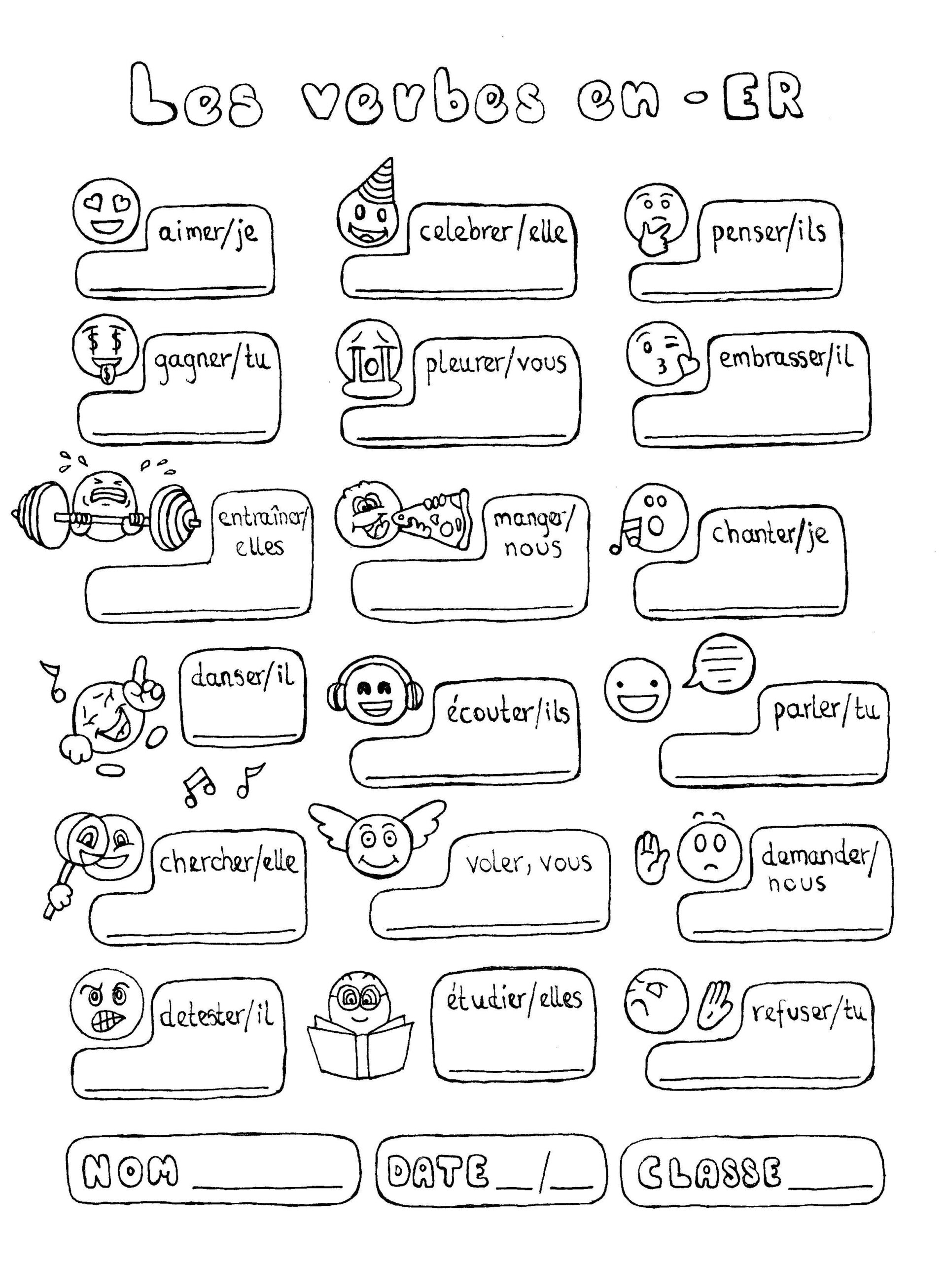 French Er Verbs Conjugation Fun No Prep Worksheet Emojis