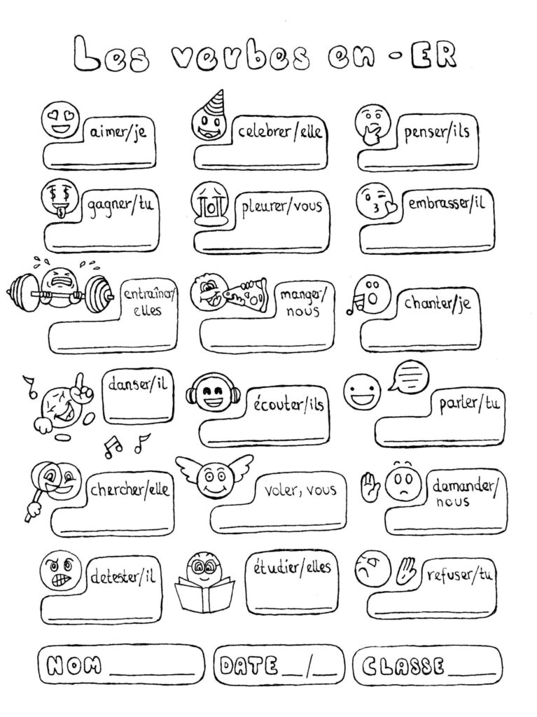 French Er Verbs Conjugation Fun No Prep Worksheet Emojis