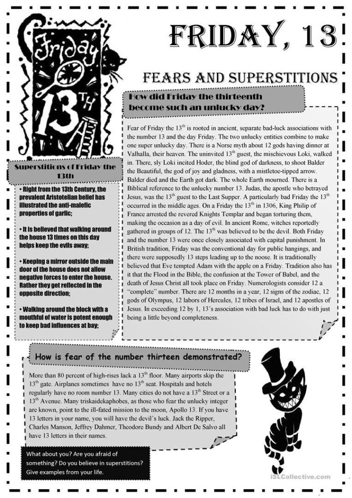 Friday 13Th Fears And Superstitions Worksheet   Free Esl