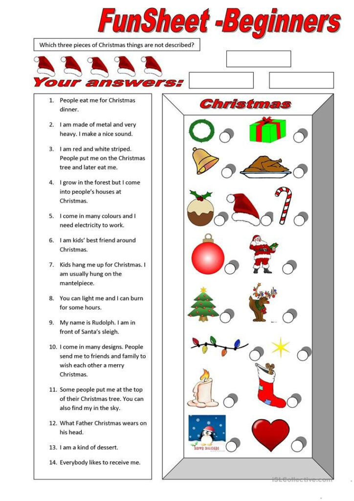 Funsheet For Beginners: Christmas Worksheet   Free Esl