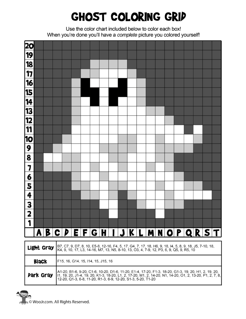 Ghost Halloween Coloring Mystery Grid   Answers | Woo! Jr