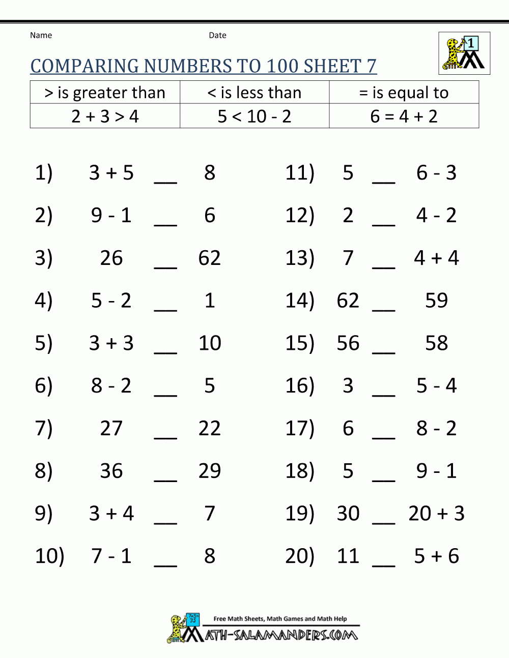 Greater Than Less Than Worksheet - Comparing Numbers To 100