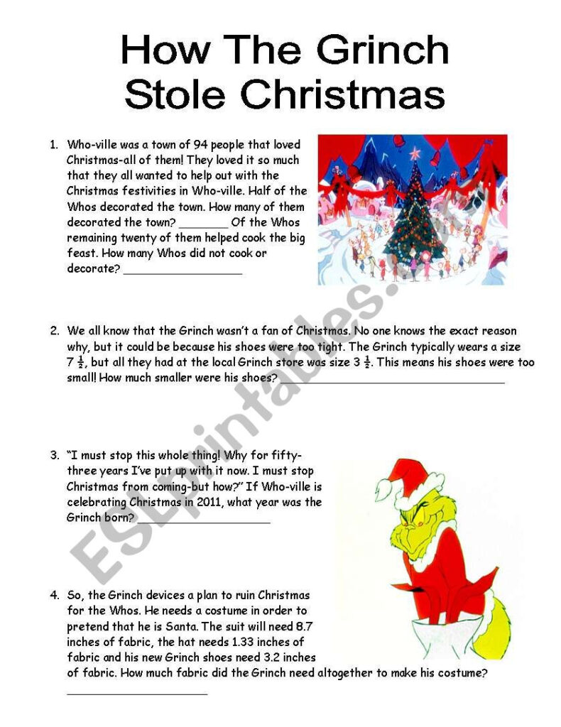 Grinch Math Word Problems   Esl Worksheetbbgovea09