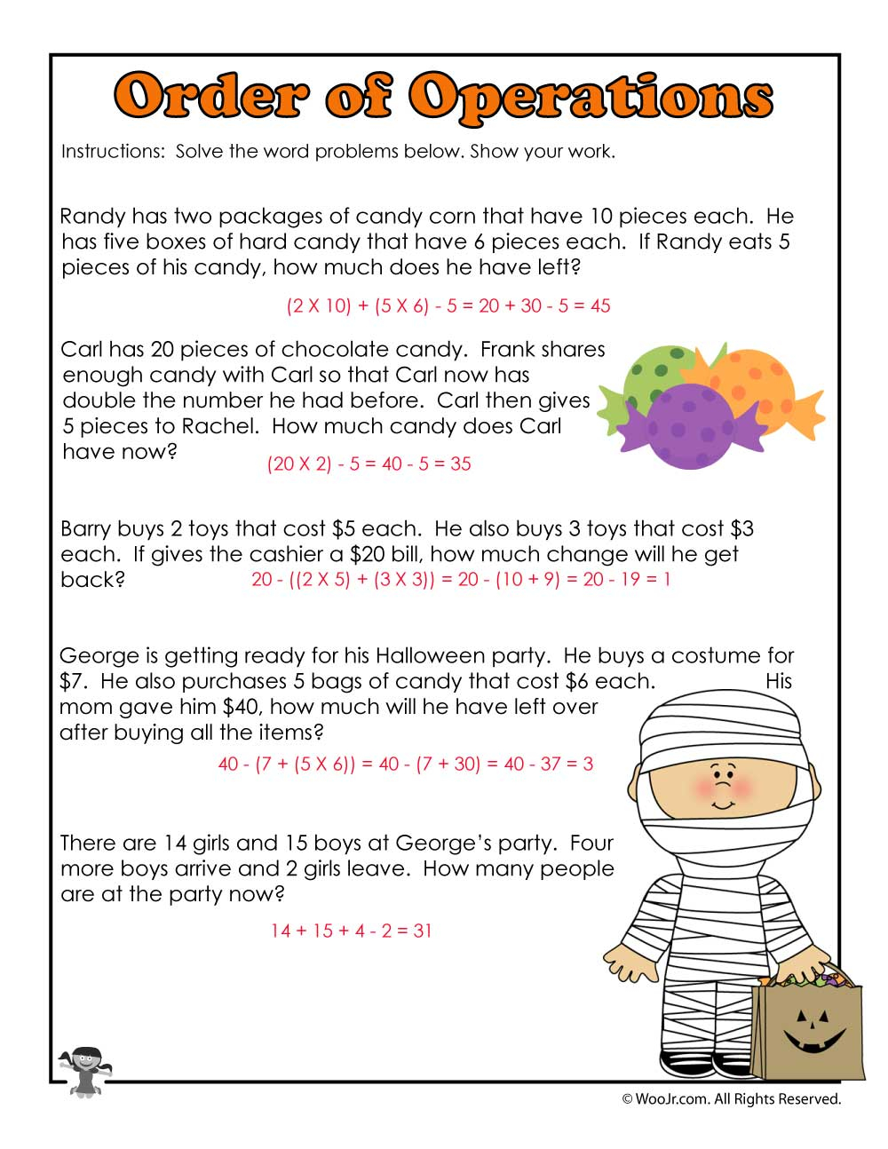 Halloween 3Rd Grade Worksheet Key Math Operations Answers