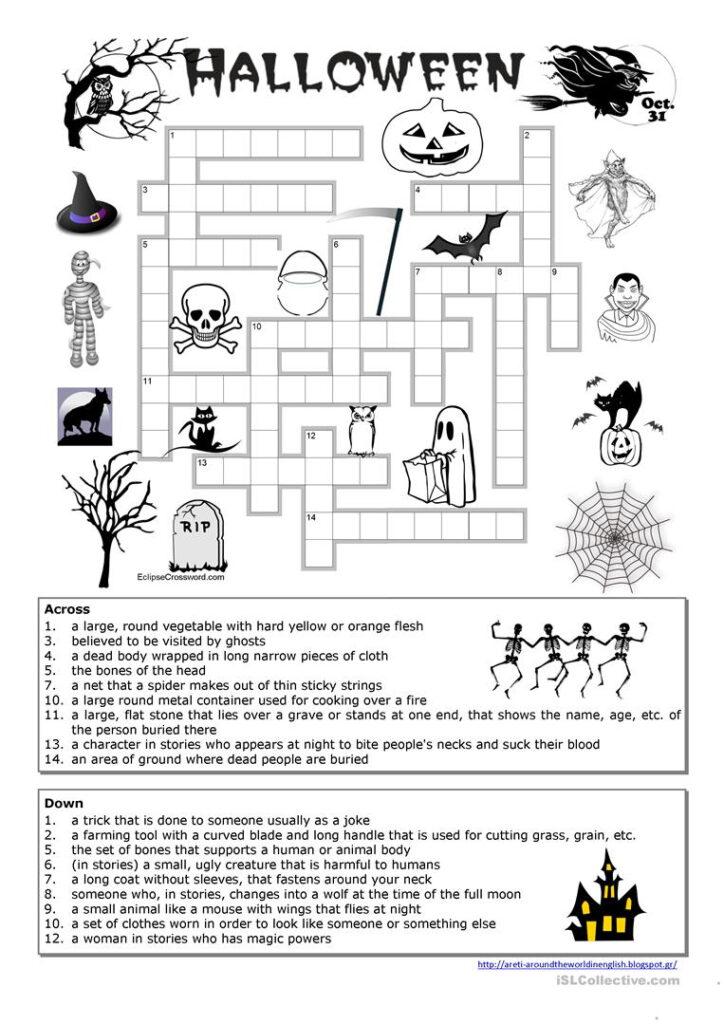 Halloween Crossword   English Esl Worksheets For Distance