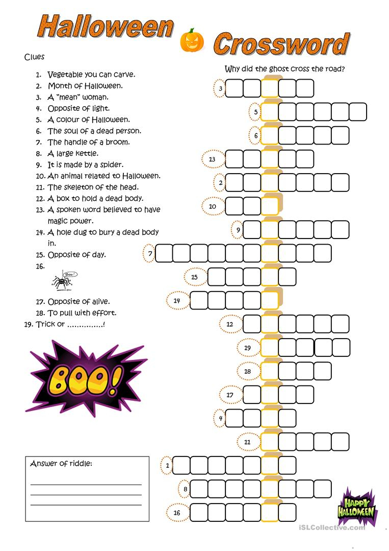 Halloween Crossword - English Esl Worksheets For Distance