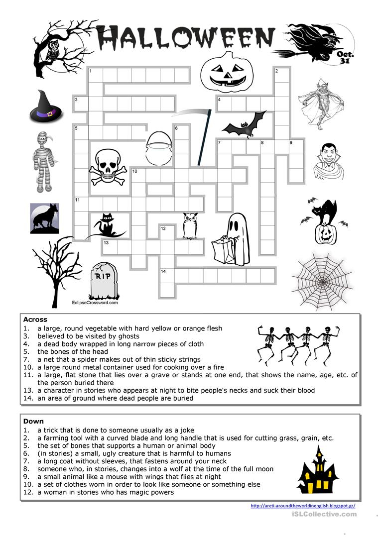 Halloween Crossword - English Esl Worksheets For Distance