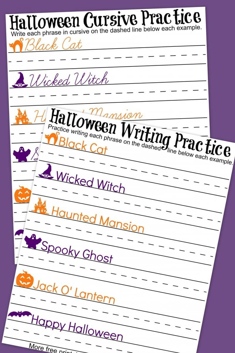 Halloween Cursive + Handwriting Practice Worksheets - A