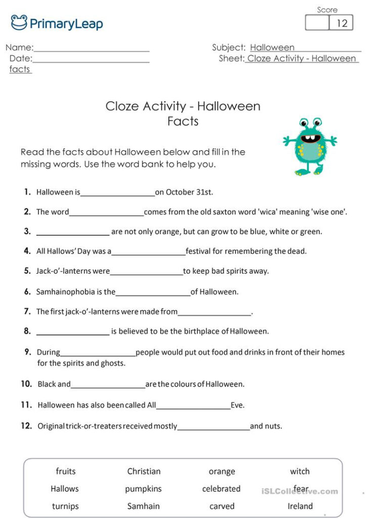 Halloween Facts Cloze Activity   English Esl Worksheets For