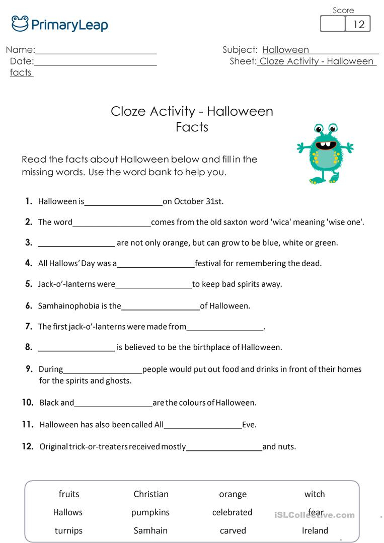 Halloween Facts Cloze Activity - English Esl Worksheets For