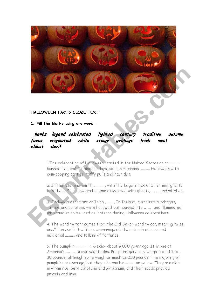 Halloween Facts Cloze Text - Esl Worksheetmonropa