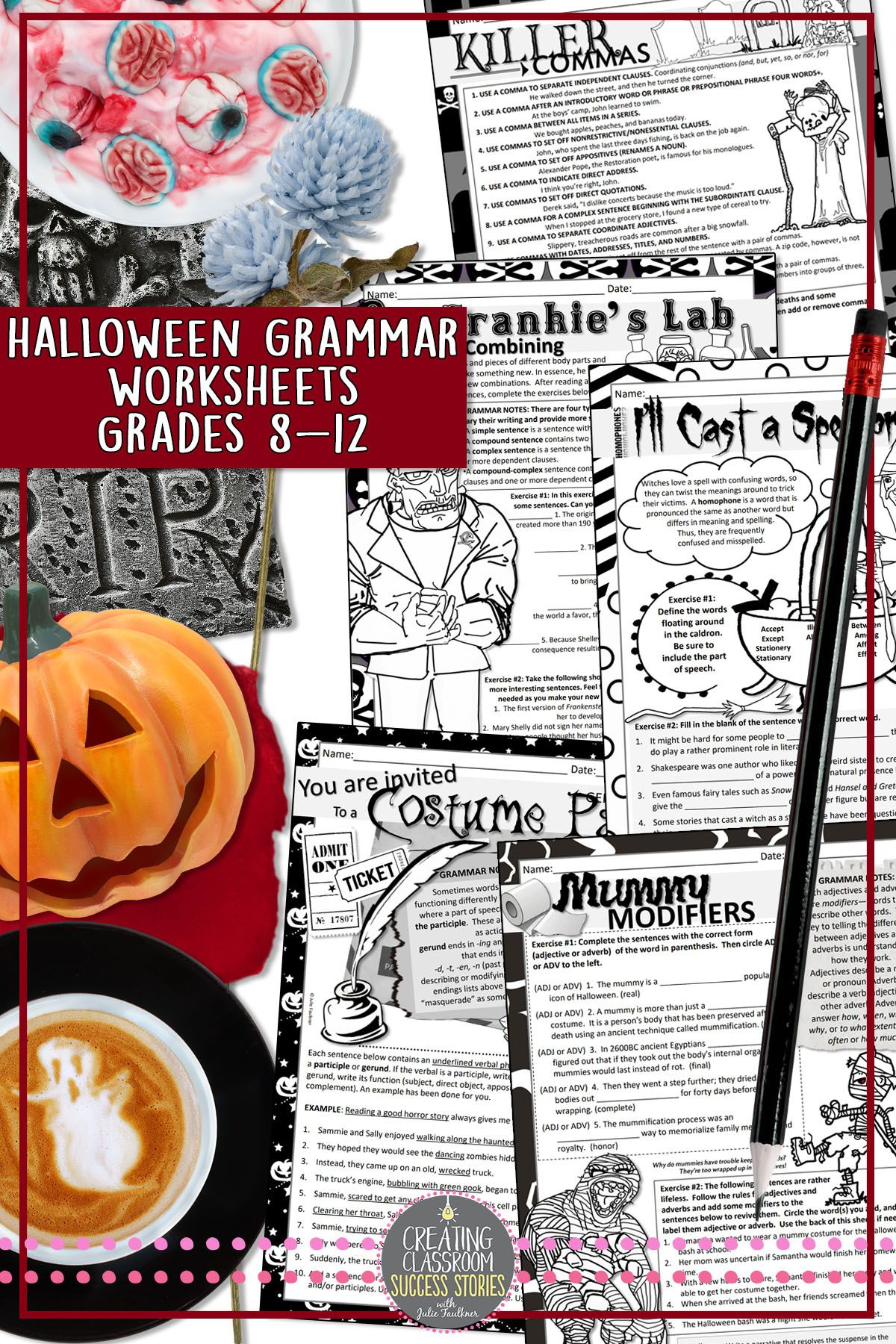 Halloween Grammar Worksheets, No Prep, Middle And High