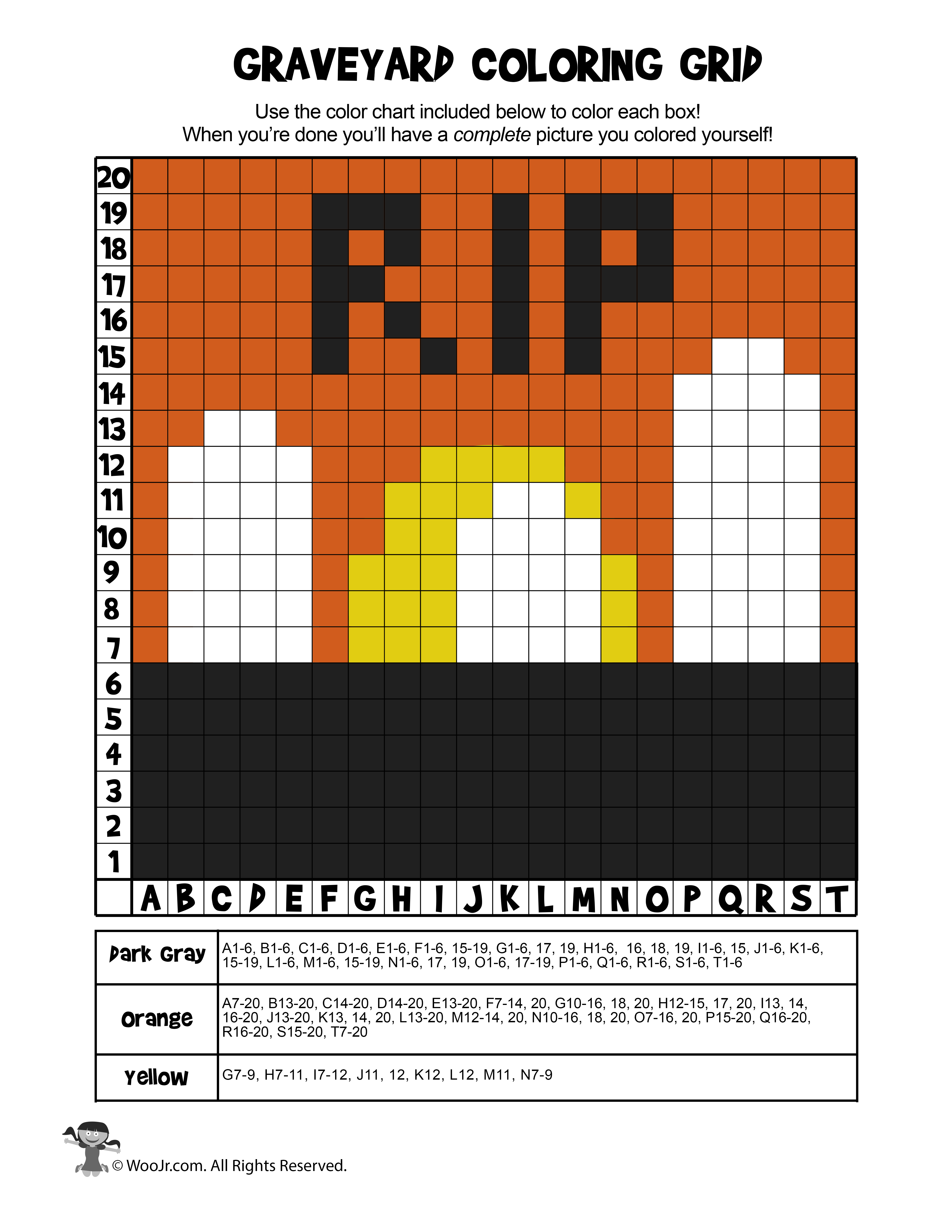 Halloween Graveyard Math Grid Coloring Page - Answers | Woo