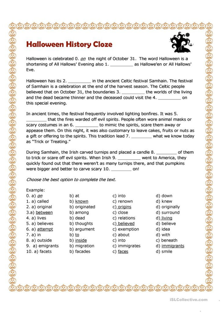 Halloween History Cloze   English Esl Worksheets For