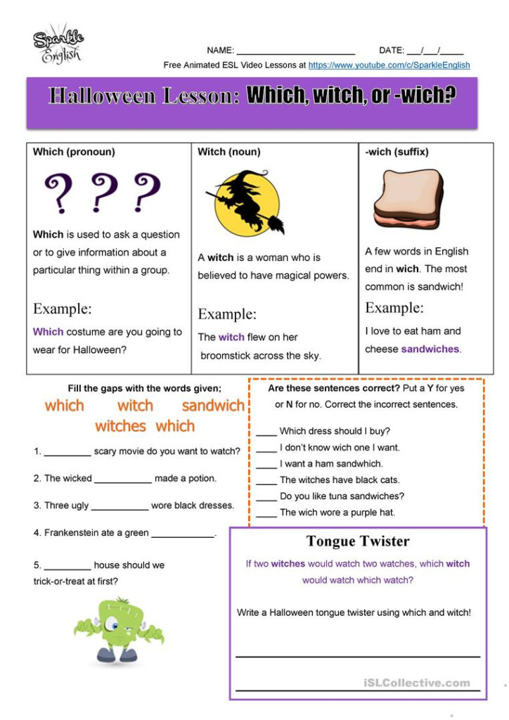 Halloween Homonyms Lesson   Which, Witch, Or  Wich? Esl